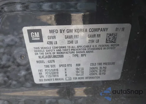 2018 Buick Encore Preferred z USA, uszkodzony, nr VIN KL4CJASB1JB622699